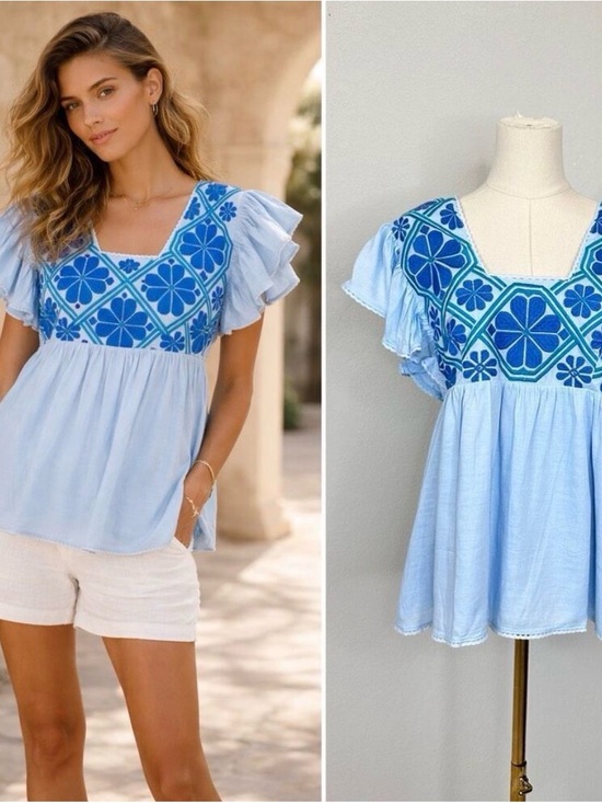 J.Marie Tops - J.Marie Embroidered Flutter Sleeve Top - Light Blue NWT Medium
